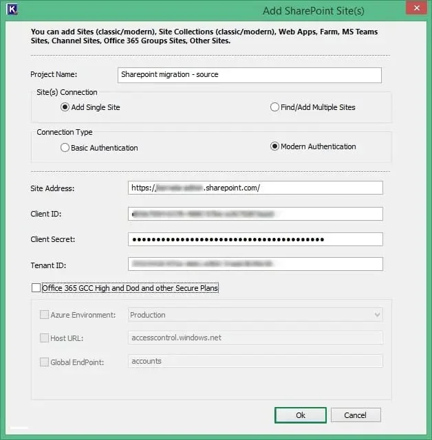 Provide a Project Name and site Connection Choose a Connection Type to connect to the source