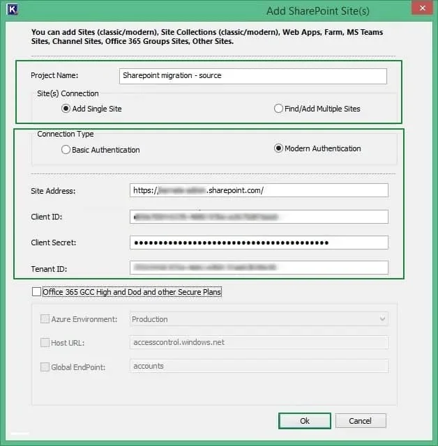 Input a name for the project and select Site Connection type choose a Connection Type 