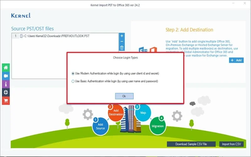 choose the login types Modern Authentication or Basic Authentication