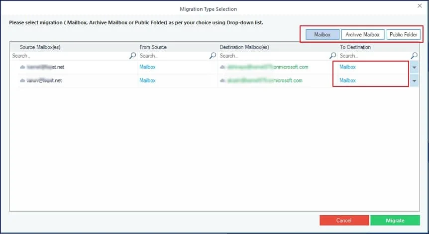 Select the location in destination where you want to migrate the data