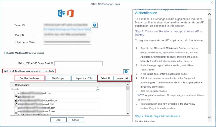 Choose List of Mailboxes using above credentials option