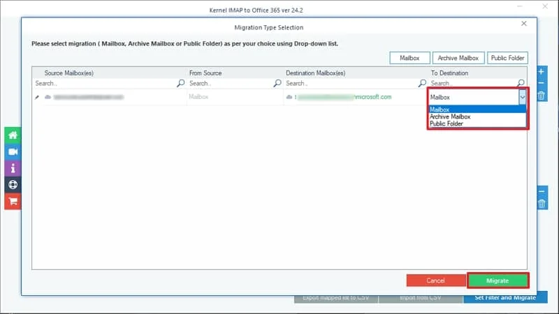 Choose mailbox or public folders or archive mailbox from the dropdown for where you want to migrate and click on Migrate