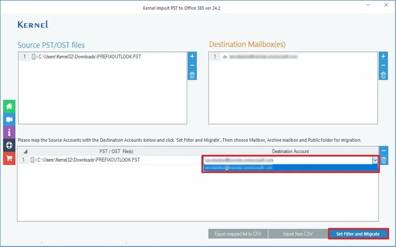 Map the source account and destination account and click on Set Filters to Migrate