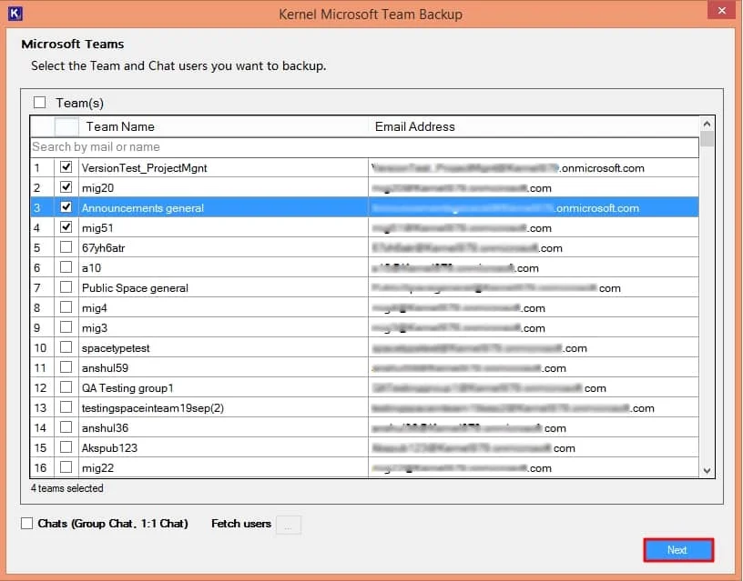 Select the Team and Chat users you want to backup in the Microsoft Teams