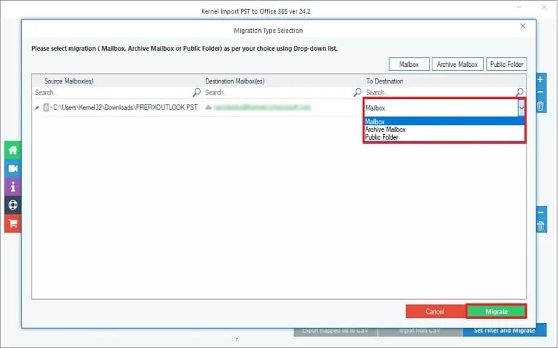 Select the migration of Mailbox Archive folder or public folders from the dropdown to destination