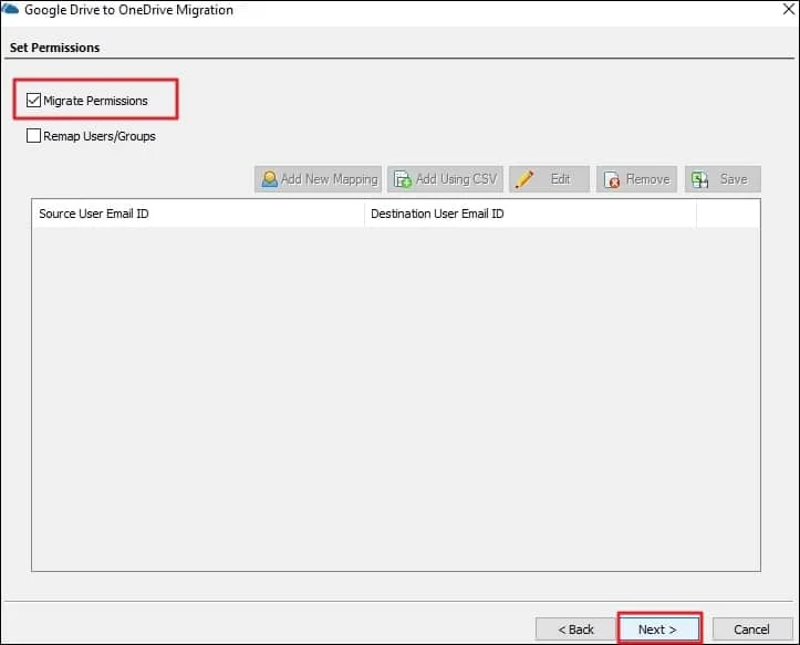 To enable migrate the permissions along with data select the option Migrate Permissions then click Next