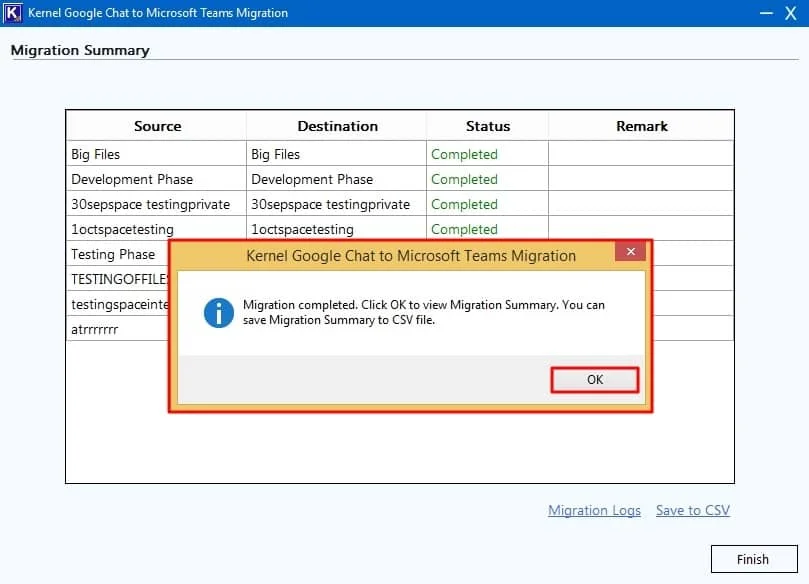 Migration completed click OK to view Migration Summary