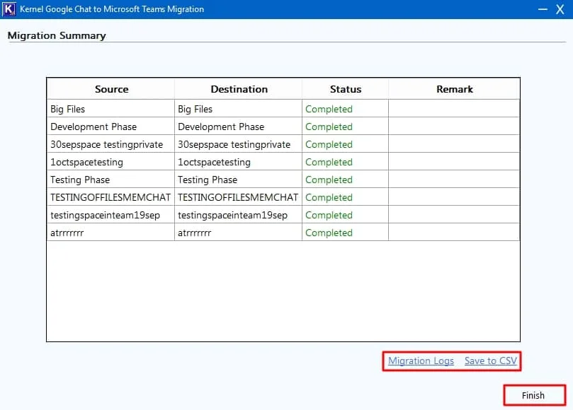 Click on Migration Logs and Save to CSV to download the detailed migration report