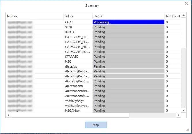 The migration process will begin and appear on the screen under Summary