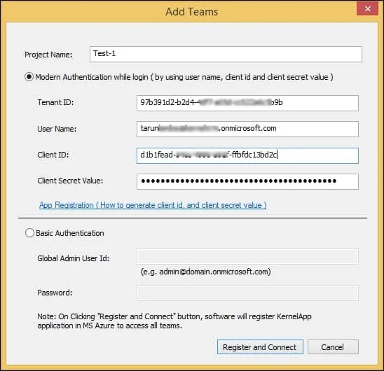 choose Modern Authentication and input all the required to connect source Teams account