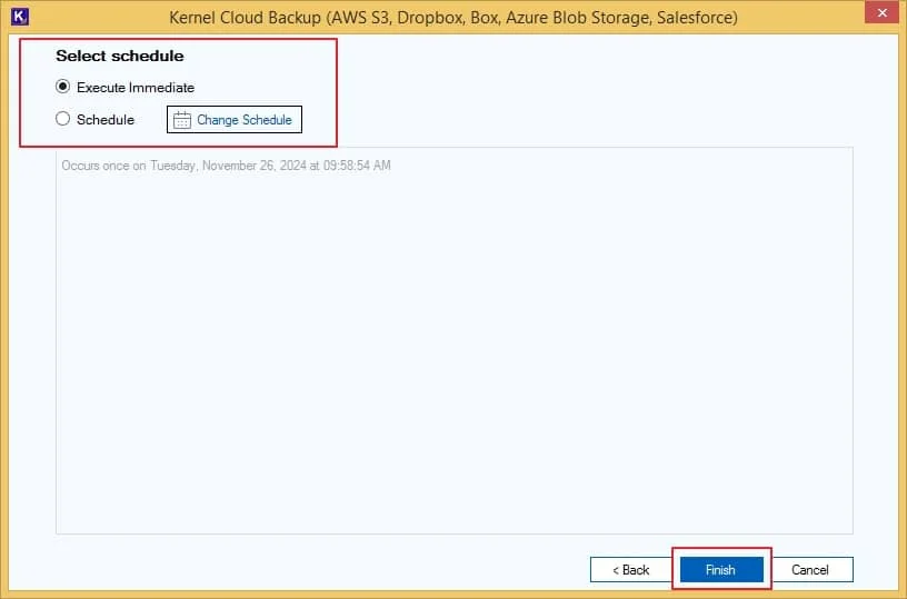 you can choose to Execute Immediate or Schedule the process to export files from Salesforce