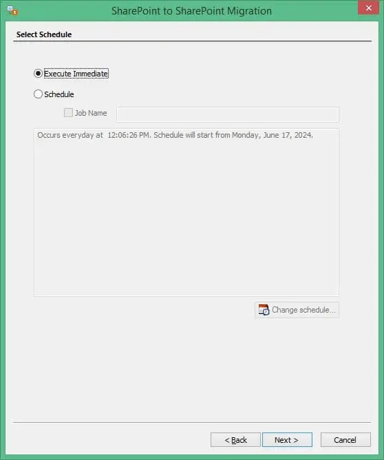 Use the schedule feature to select a suitable timing to start the migration or you can begin the transfer immediately Click Next