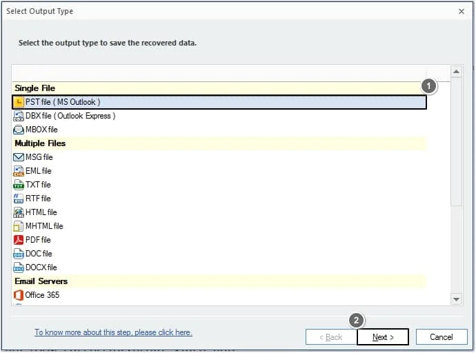 select the required file format in which you want to save the data and click on the Next button