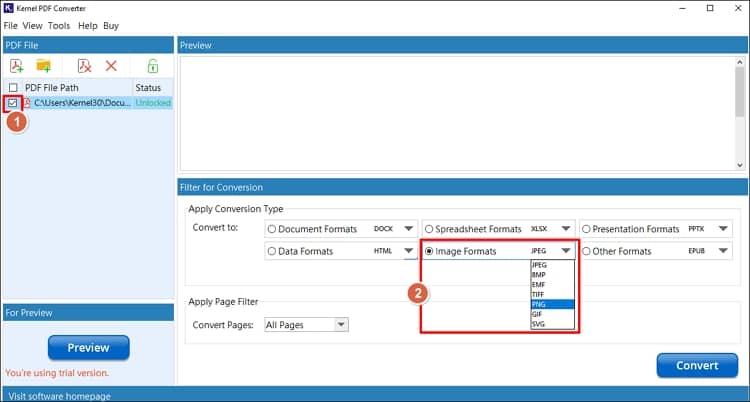 Select the added PDF file and set conversion filter to PNG under Image Formats