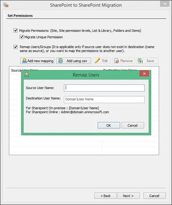 Select the option Migrate Permissions to transfer the predefined site permissions