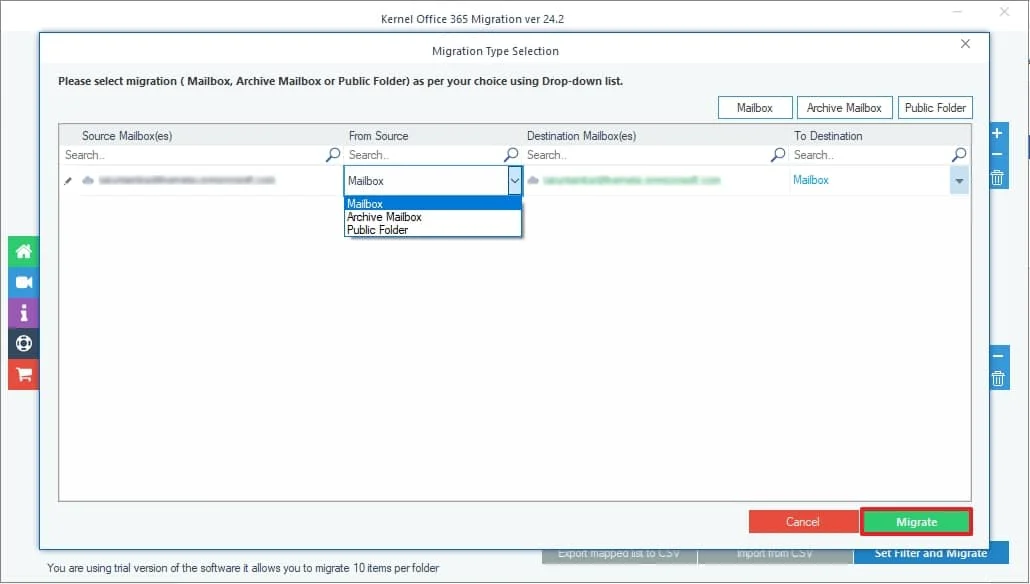 Select migration from the dropdown on the source account