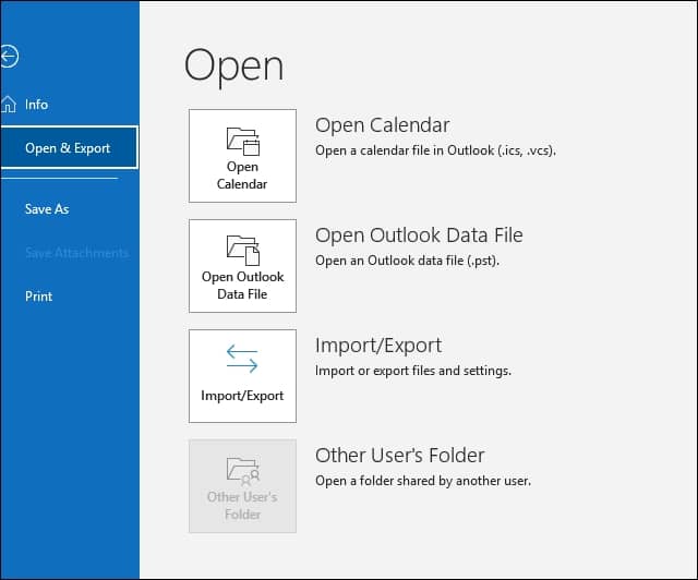 1.	Click on the File on the upper left corner of Outlook and select Open and Export option