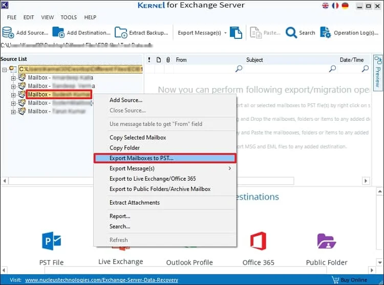 select Export Mailboxes to PST