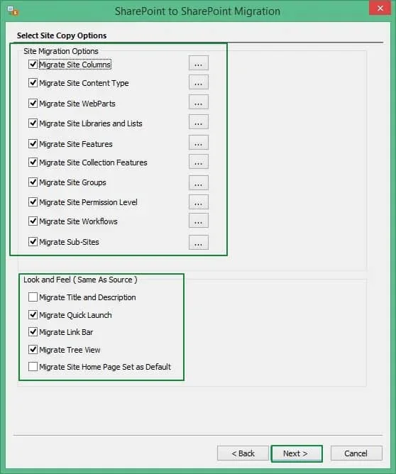 Select the properties and attributes that you want to migrate along with the data from the SharePoint site