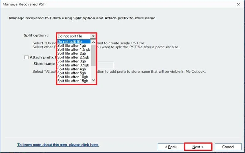 If you want to split the resultant PST file you can split it based on given sizes