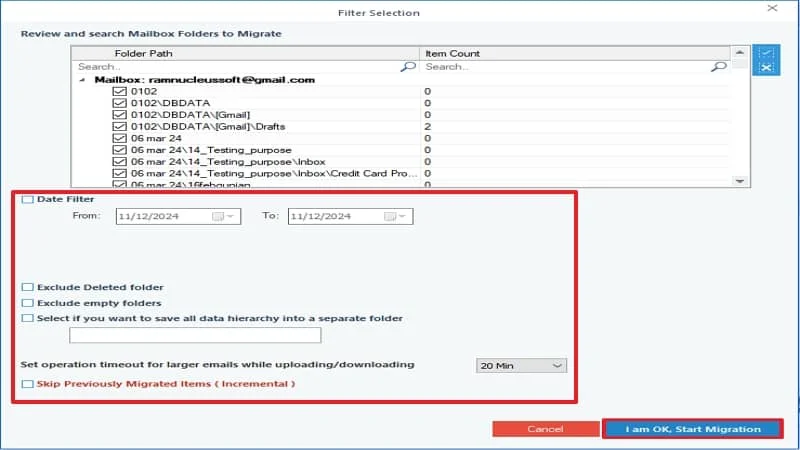 select filter for selective backup of your data and click on I am OK Start Migration