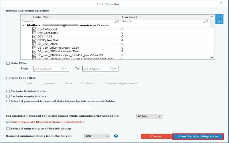 apply filters like date filters item type filters skip previously migrated items for selective migration