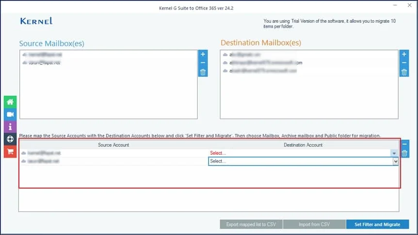 Map the mailboxes in Source with mailboxes in Destination 