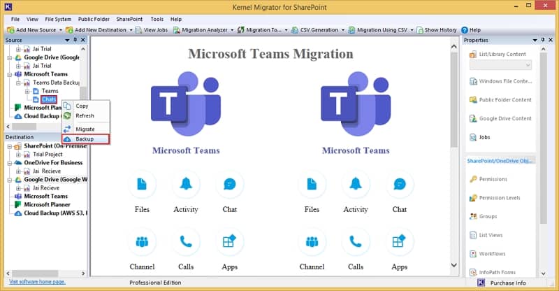 click on Microsoft Teams and click on Backup