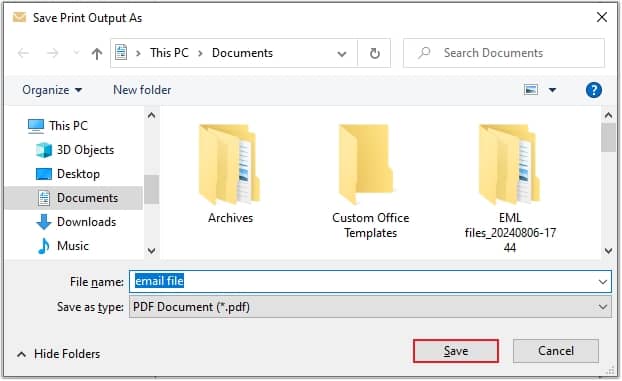 provide the saving location and name to the document file and click Save