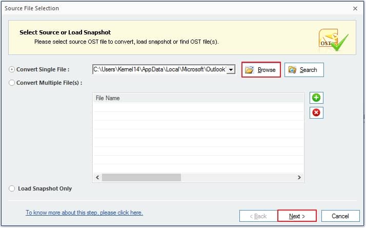 Click on Browse to locate the OST file then click Next to proceed