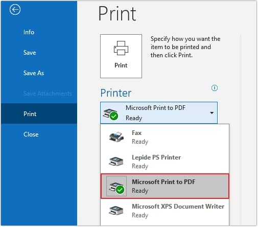 Under the Printer option click on the drop down list and select Microsoft Print to PDF option and press Print Options