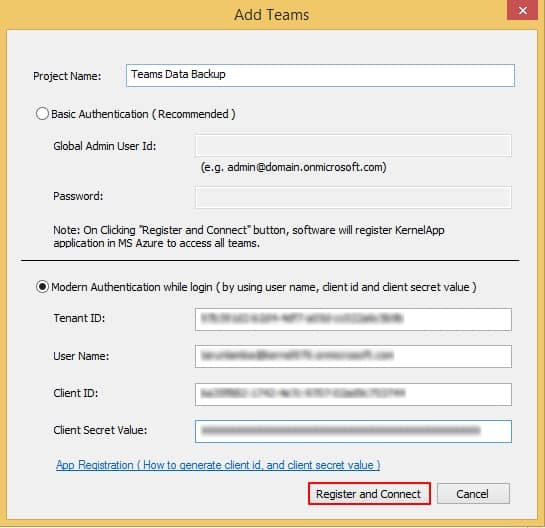 In Add Teams window enter Project Name and select Basic or Modern Authentication for login accordingly