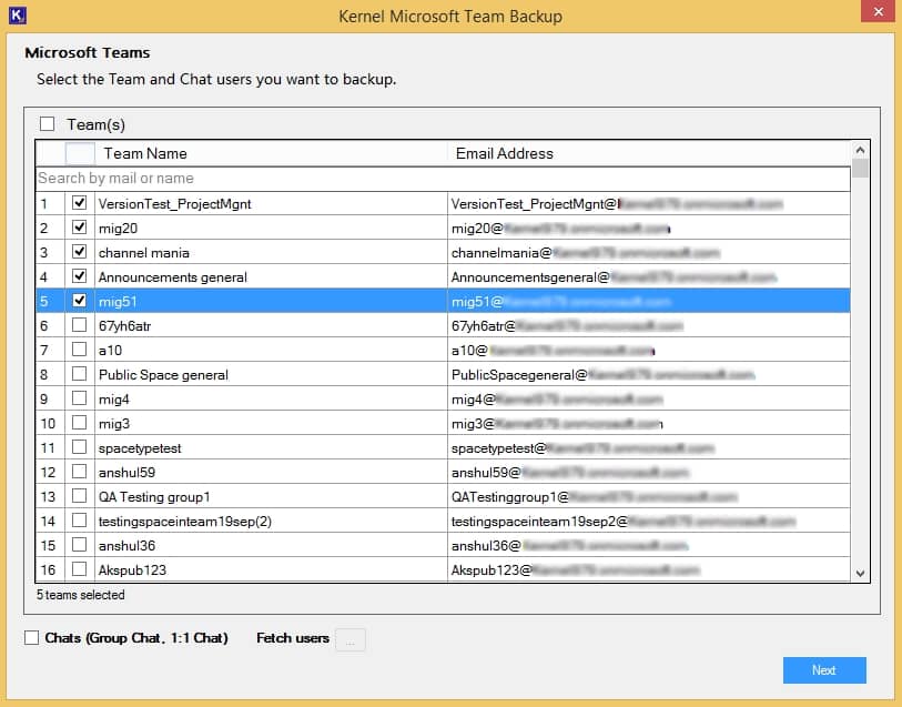 select specific Teams and click Next