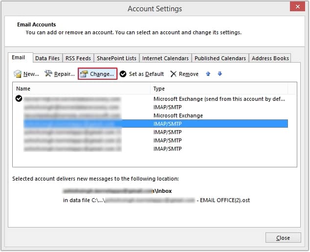 Select the configured Gmail account and click Change