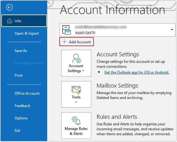 Open Outlook and go to File the Add account