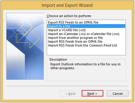 Click on Export to a file option and hit Next