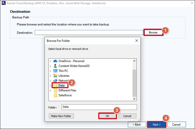 Click Browse and specify a location to save the Salesforce backup file