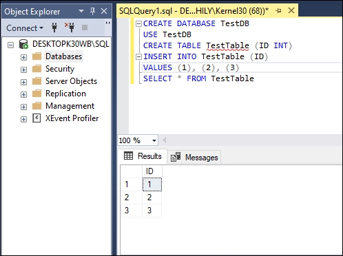 Create a temporary database and a table