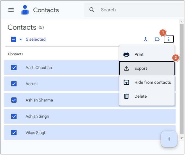 Select contacts then click on Export option.