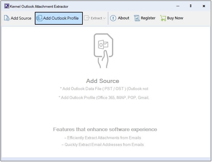 Click Add Outlook Profile option in Kernel Outlook Attachment Extractor tool