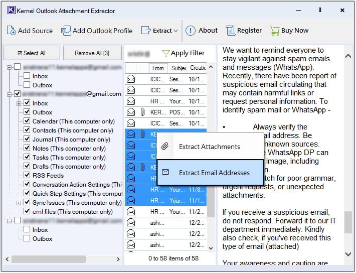 select Extract Email Addresses options