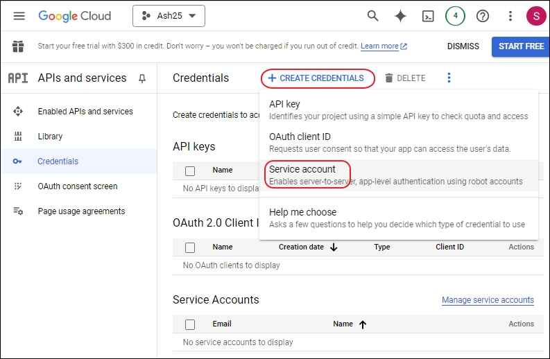 Create Credentials and select Service account option