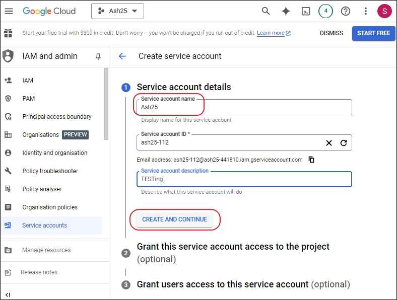 Create service account