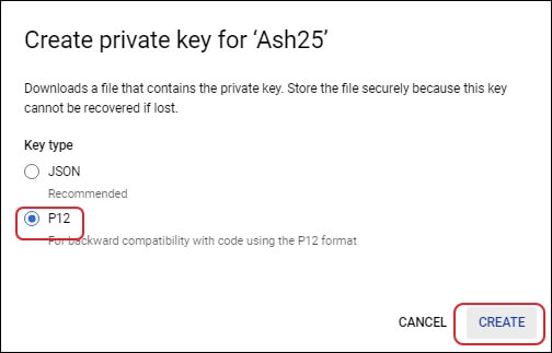 Choose P12 and click Create