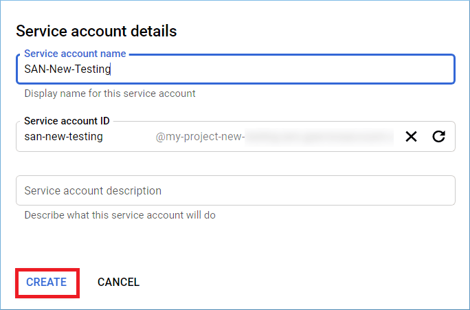 Fill the name of the new Service account