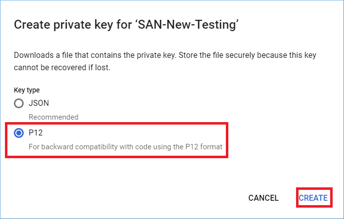 Choose P12 and click Create